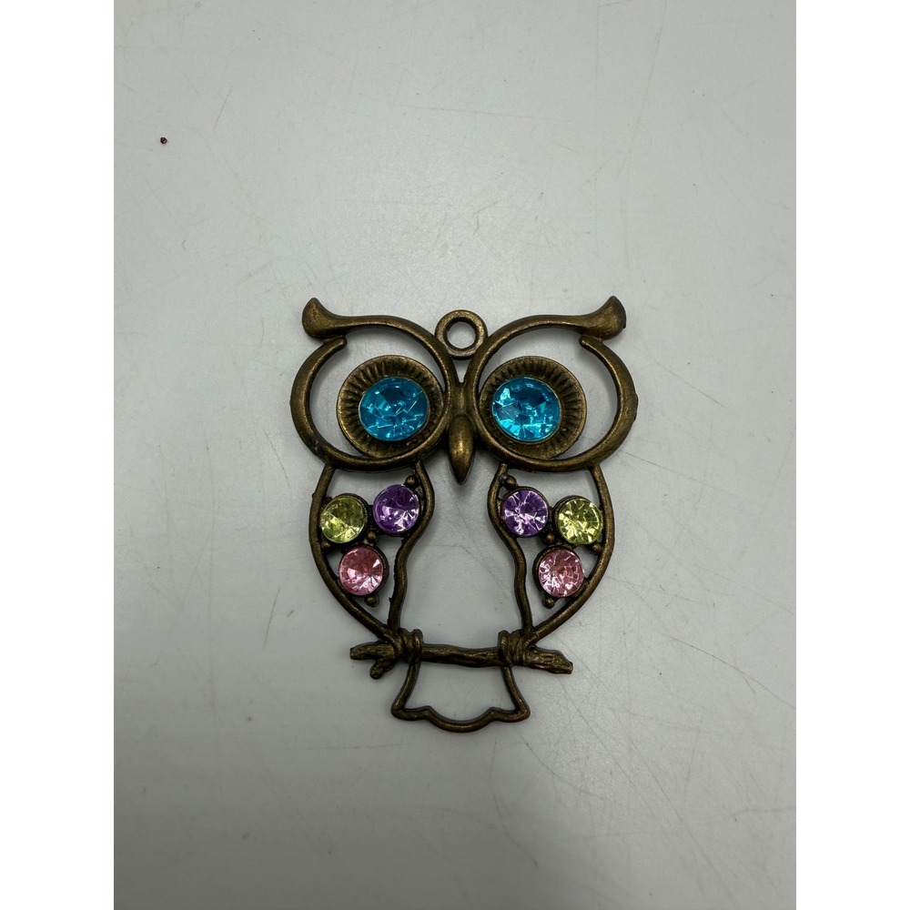 Vintage Bronze Tone Owl Pendant Charm Multi Color Rhinestone Boho Jewelry 2 Inch